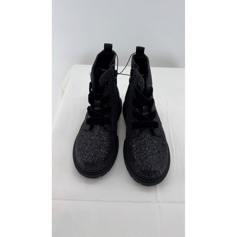 Cat & Jack New Combat Boots Girls Size 12 Black Glitter Velvet Lace Side Zip